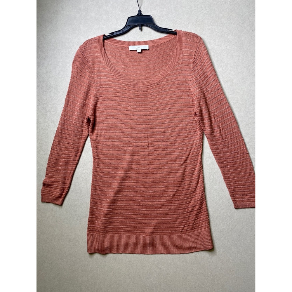 Loft Womens Large Terracotta Coral Textured Stripe Scoop Neck 3/4 Sleeve Sweater